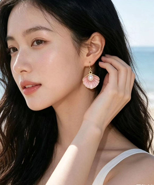 Boutique Pink Seashell Metal Fine Pearl Drop Earrings