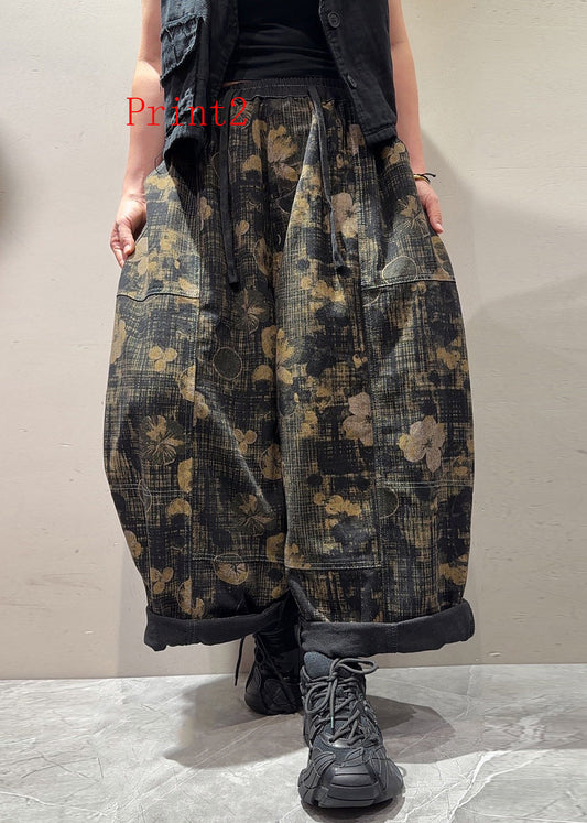 Boutique Pockets Print Elastic Waist Denim Pants Trousers Fall