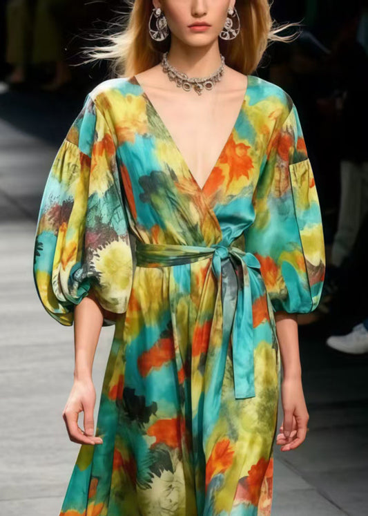 Boutique Polychrome Print Chiffon Dress Lantern Sleeve