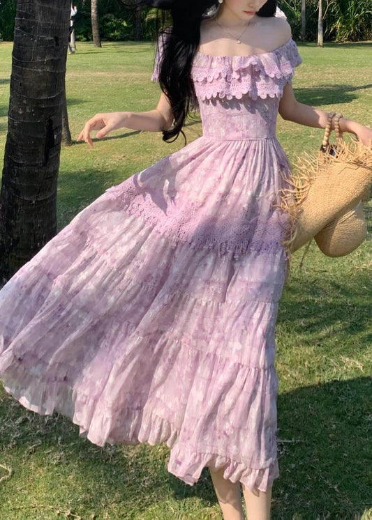 Boutique Purple Ruffled Patchwork Lace Strapless Dress Summer