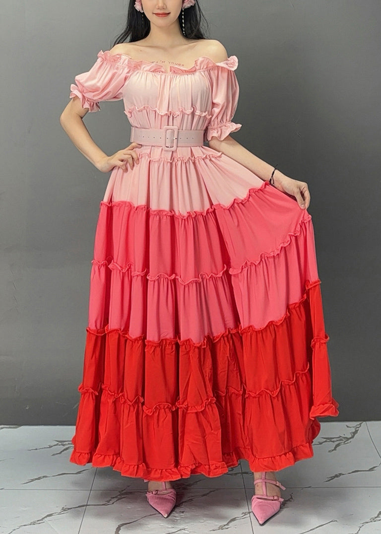 Boutique Rainbow Slash Neck Cold Shoulder Maxi Dress Summer