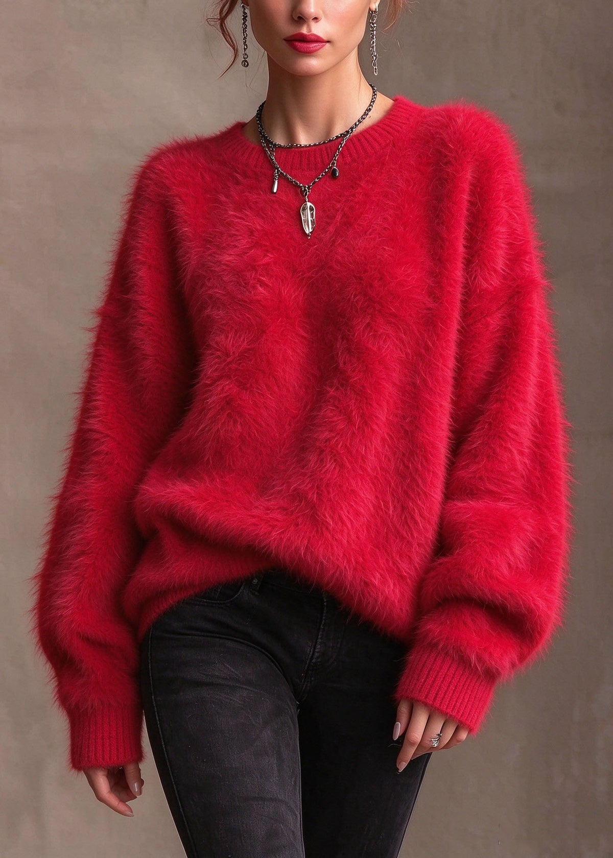 Boutique Red O Neck Thick Mink Hair Knitted Sweaters Fall