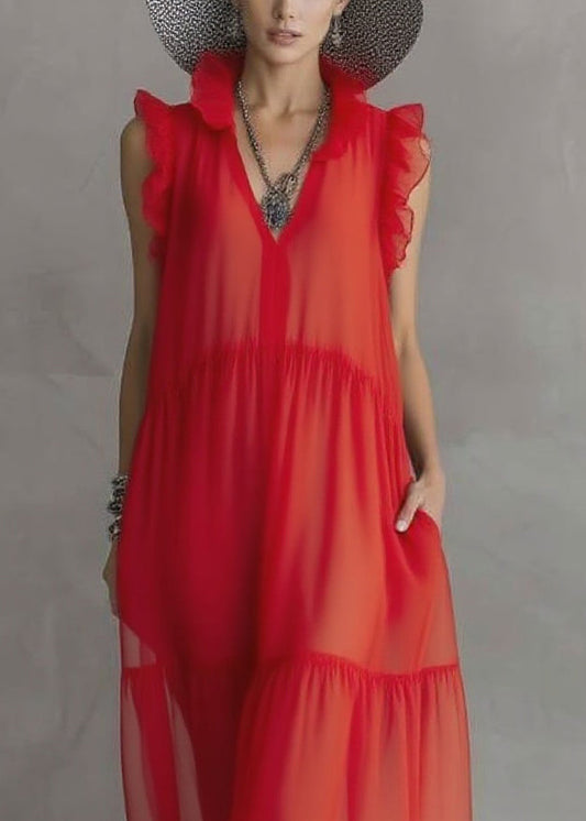 Boutique Red Ruffled Patchwork Chiffon Long Dress Sleeveless