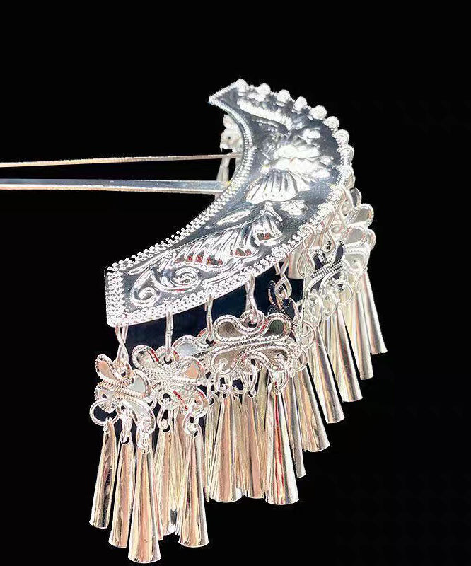 Boutique Silk Alloy Crescent Moon U-Shaped Tassel Hairpin