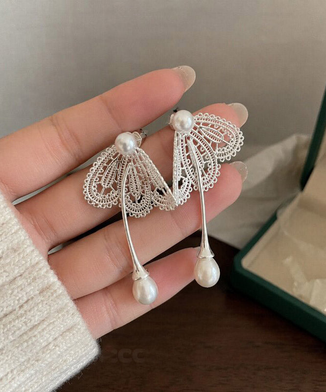 Boutique Silk Alloy Pearl Butterfly Hollow Out Drop Earrings