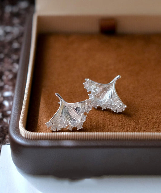 Boutique Silk Copper Silver-Plated Zircon Ginkgo Leaf Stud Earrings