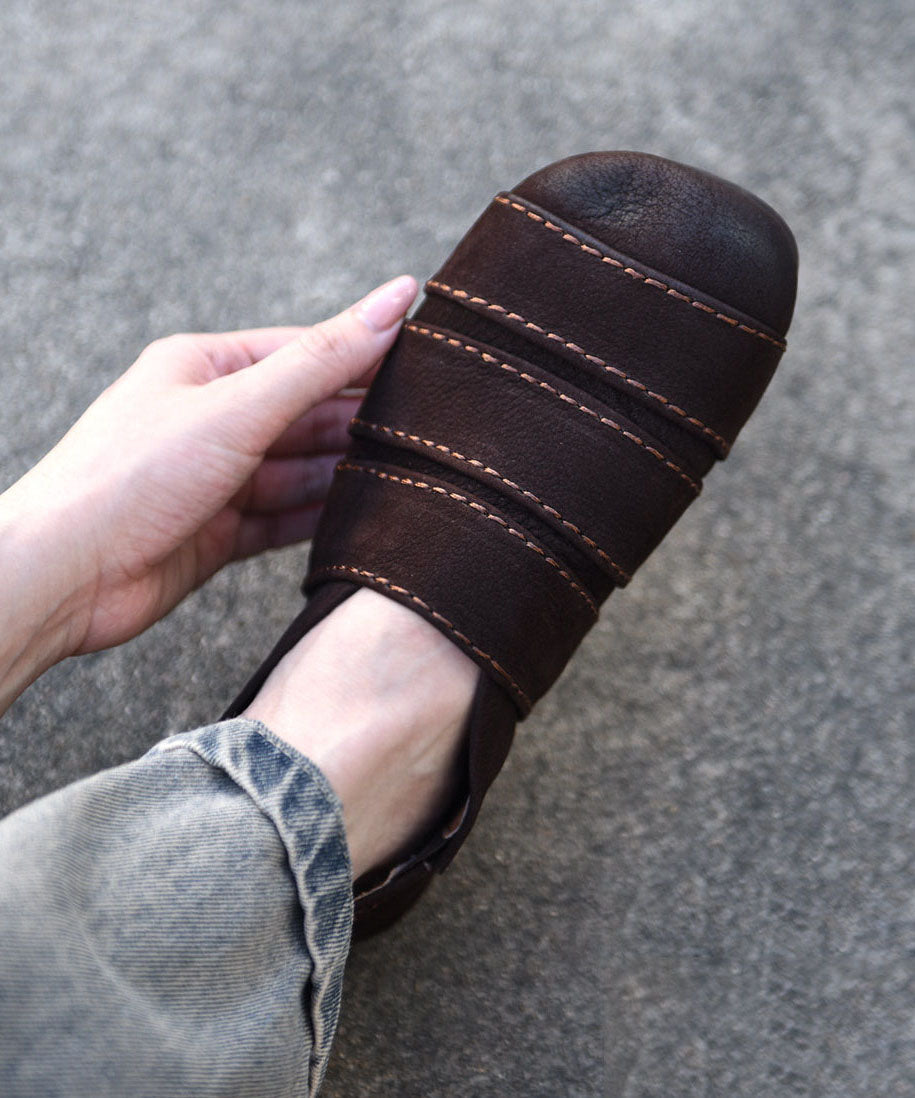 Boutique Splicing Flat Shoes For Women Chocolate Cowhide Leather