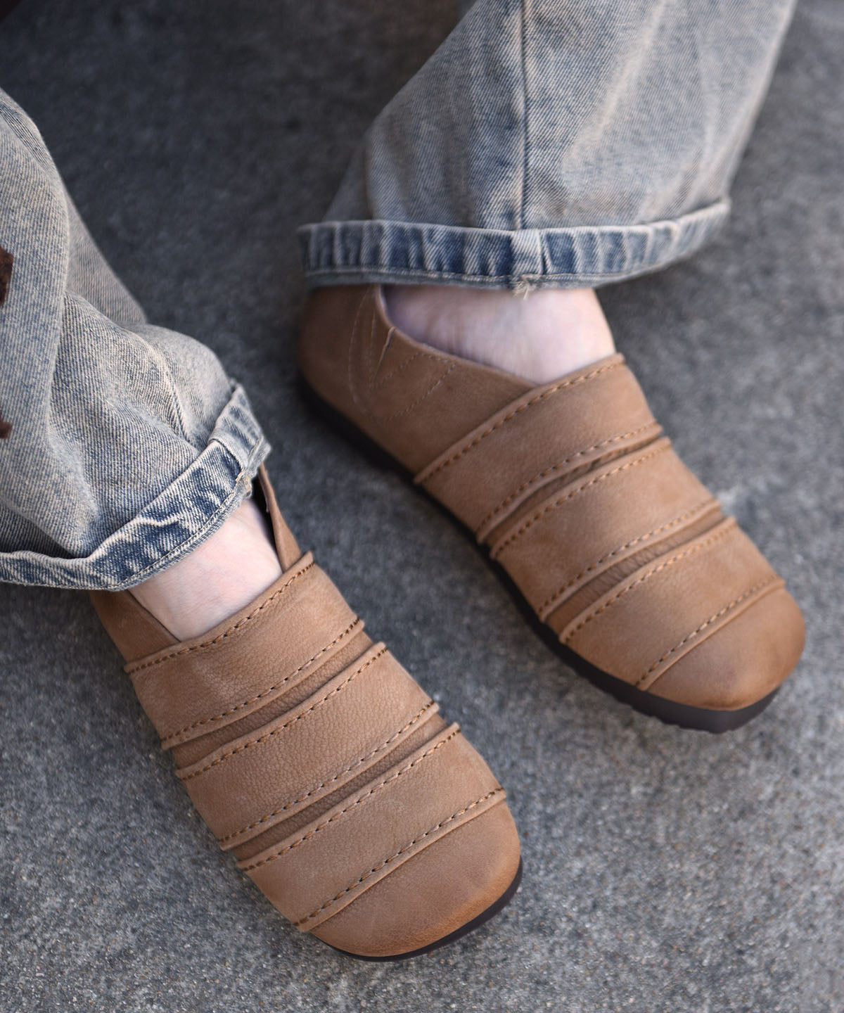 Boutique Splicing Flats Khaki Cowhide Leather