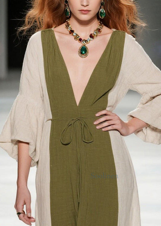 Boutique Tea Green V Neck Patchwork Cotton Long Dresses Summer