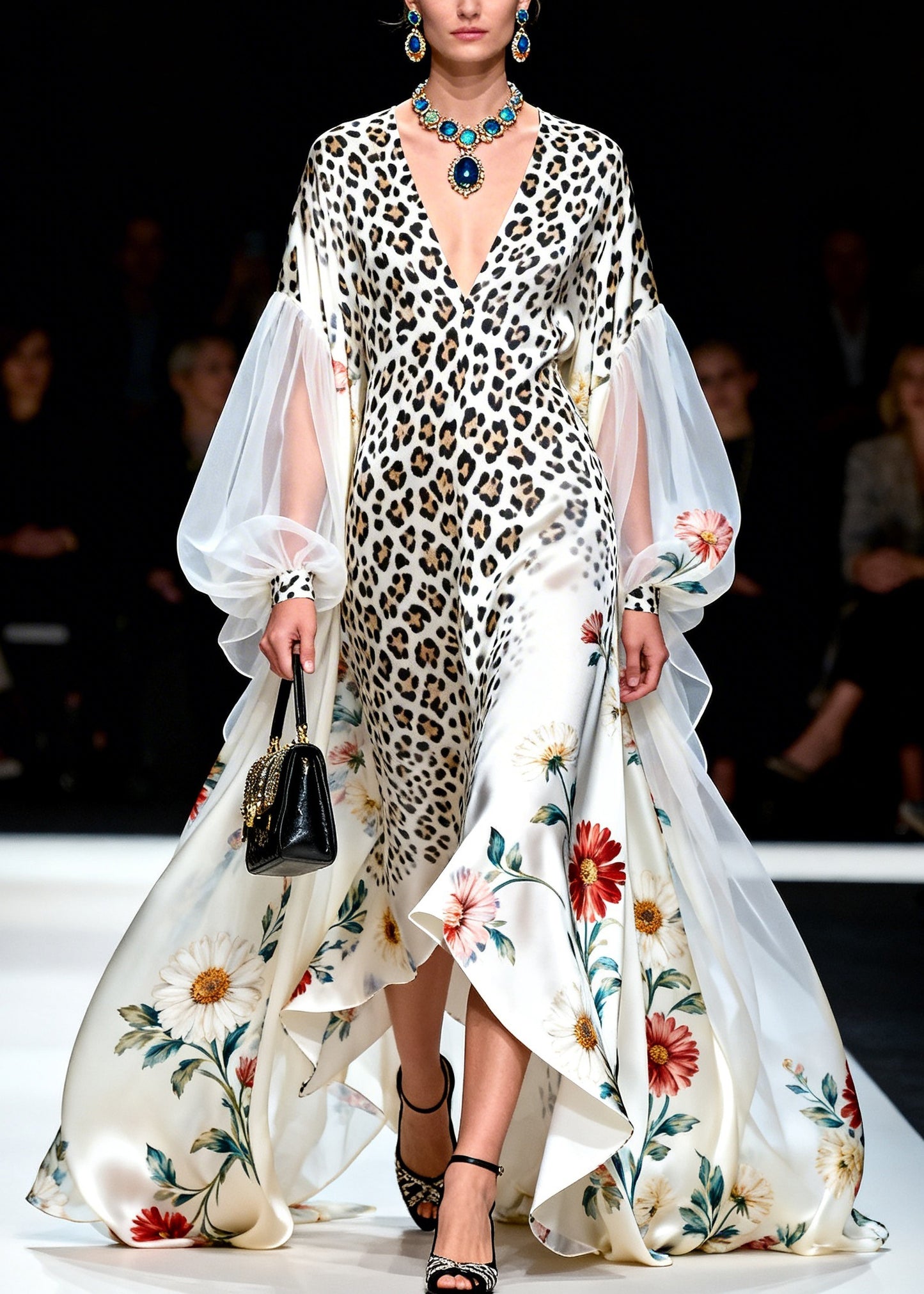 Boutique V Neck Asymmetrical Design Print Patchwork Chiffon Dresses Lantern Sleeve