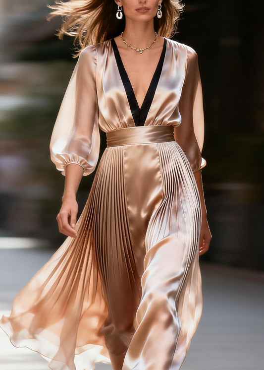 Boutique V Neck Wrinkled Patchwork Silk Maxi Dresses Summer
