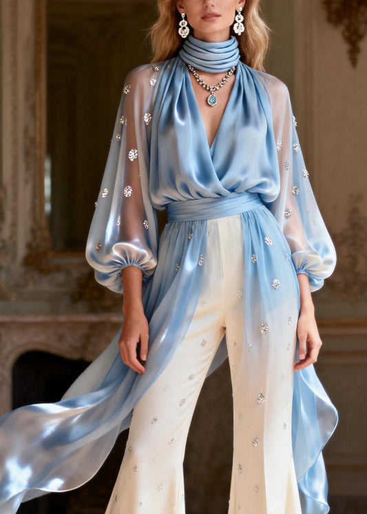 Boutique V Neck Zircon Patchwork Silk Two Pieces Set Spring