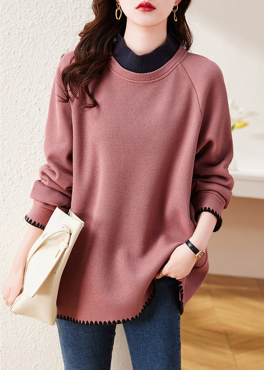 Boutique Watermelon Red Stand Collar Patchwork Cotton Pullover Tops Spring