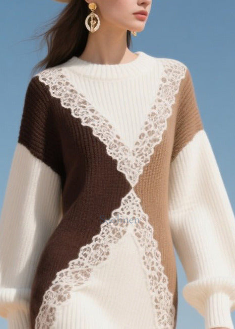 Boutique White Patchwork Lace Knit Lond Dress Winter
