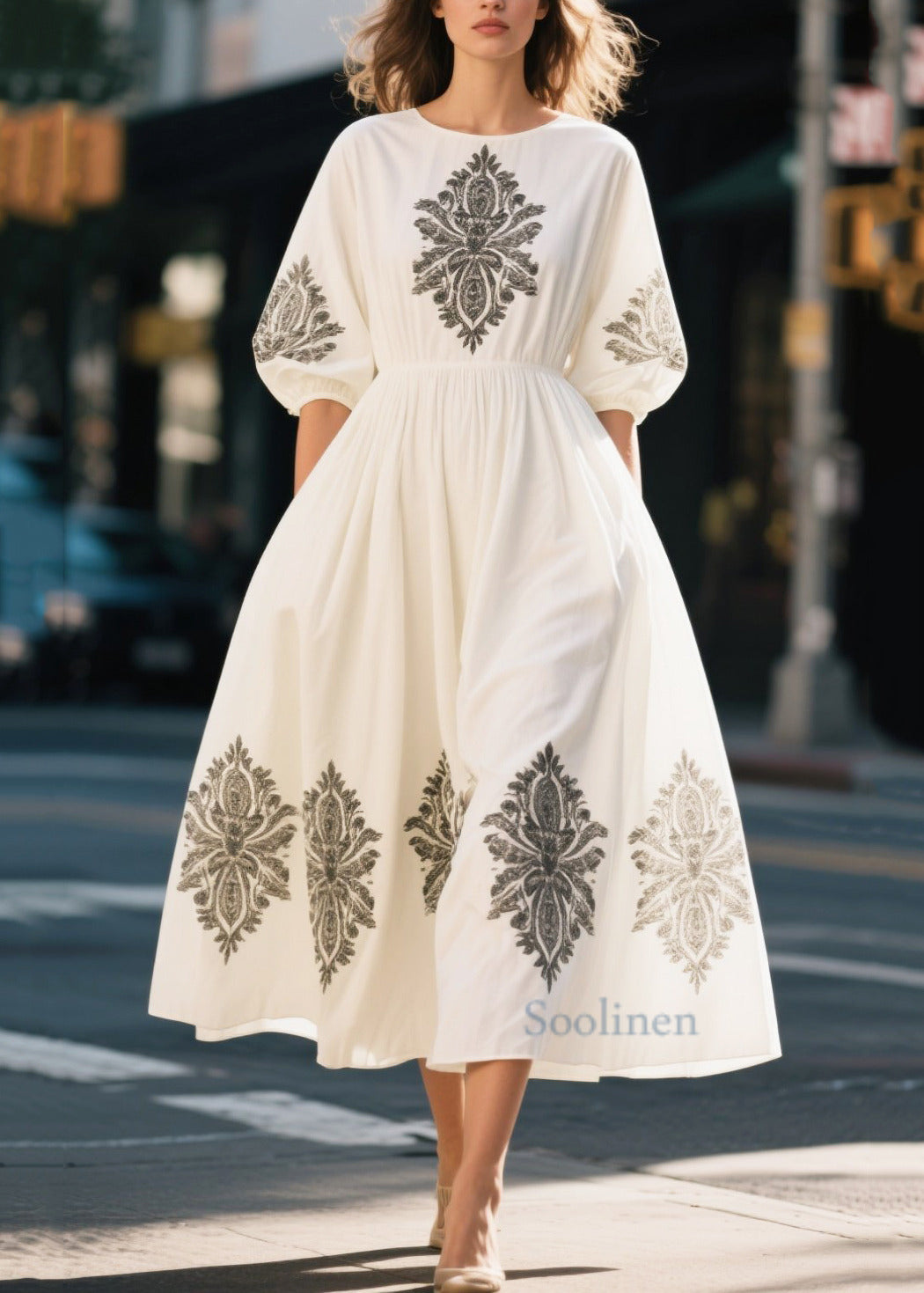 Boutique White Puff Sleeve Print Cotton Party Dress