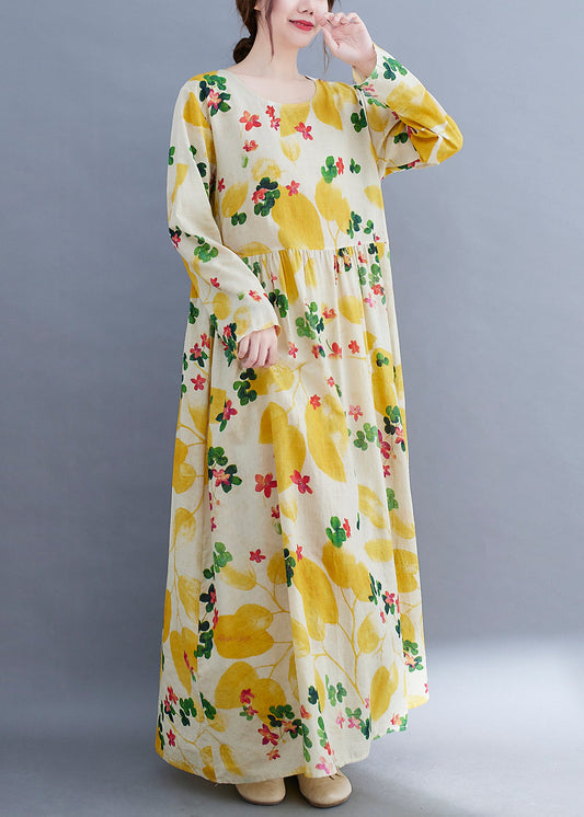 Boutique Yellow Floral O-Neck Cinched pockets Beach Dress Long Sleeve