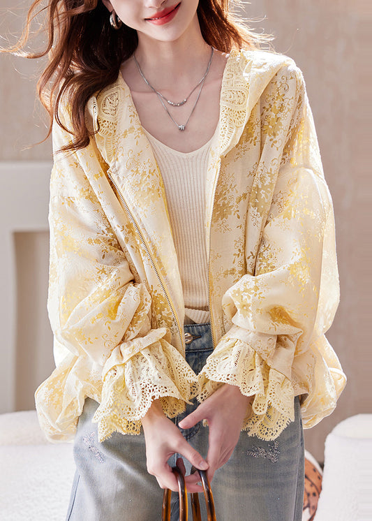 Boutique Yellow Hooded Patchwork Lace Jackets Fall