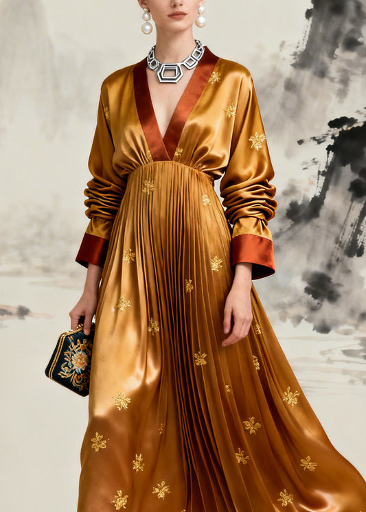 Boutique Yellow V Neck Jacquard Wrinkled Silk Maxi Dress Long Sleeve