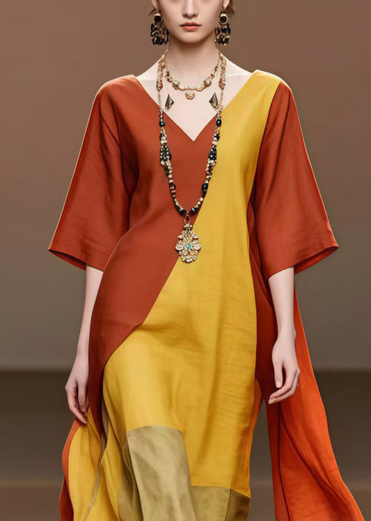 Brick Red Patchwork Cotton Holiday Dress Asymmetrical Summer