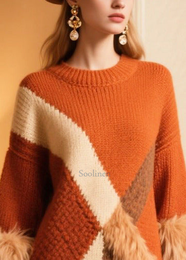 Brick Red Patchwork Faux Fur Knit Sweater Dress Asymmetrical Winter