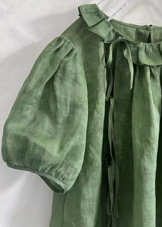 Brief Green O-Neck Ruffled Patchwork Top Summer