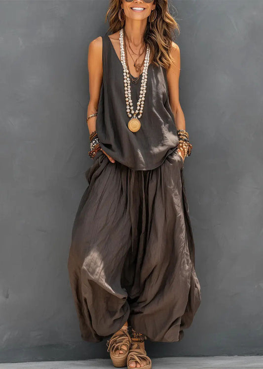 Brief Khaki Solid Vest And Crop Pants Two Pieces Set Sleeveless