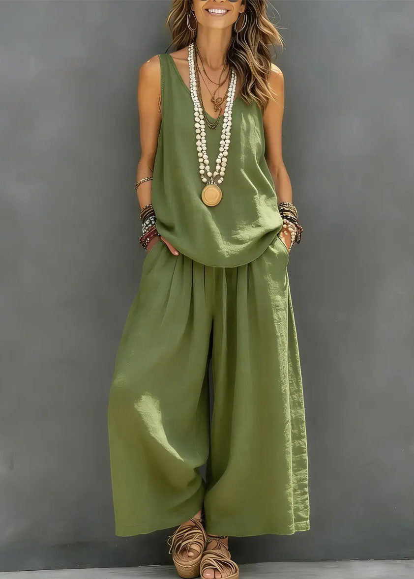 Brief Khaki Solid Vest And Crop Pants Two Pieces Set Sleeveless