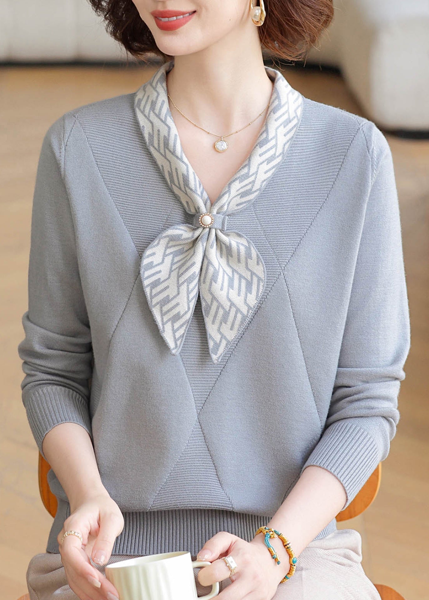 Brief Light Purple Bow Patchwork Cotton Knit Sweaters Fall