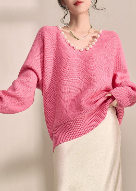 Brief Pink Thick Cotton Knit Sweater V Neck Pearl Lantern Sleeve
