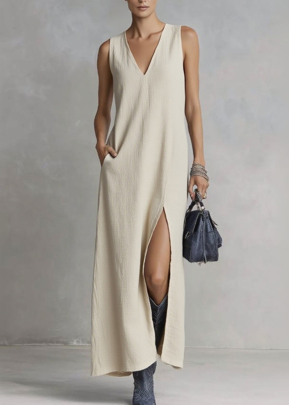 Brief Ramie V Neck Pockets Patchwork Solid Maxi Dresses Summer
