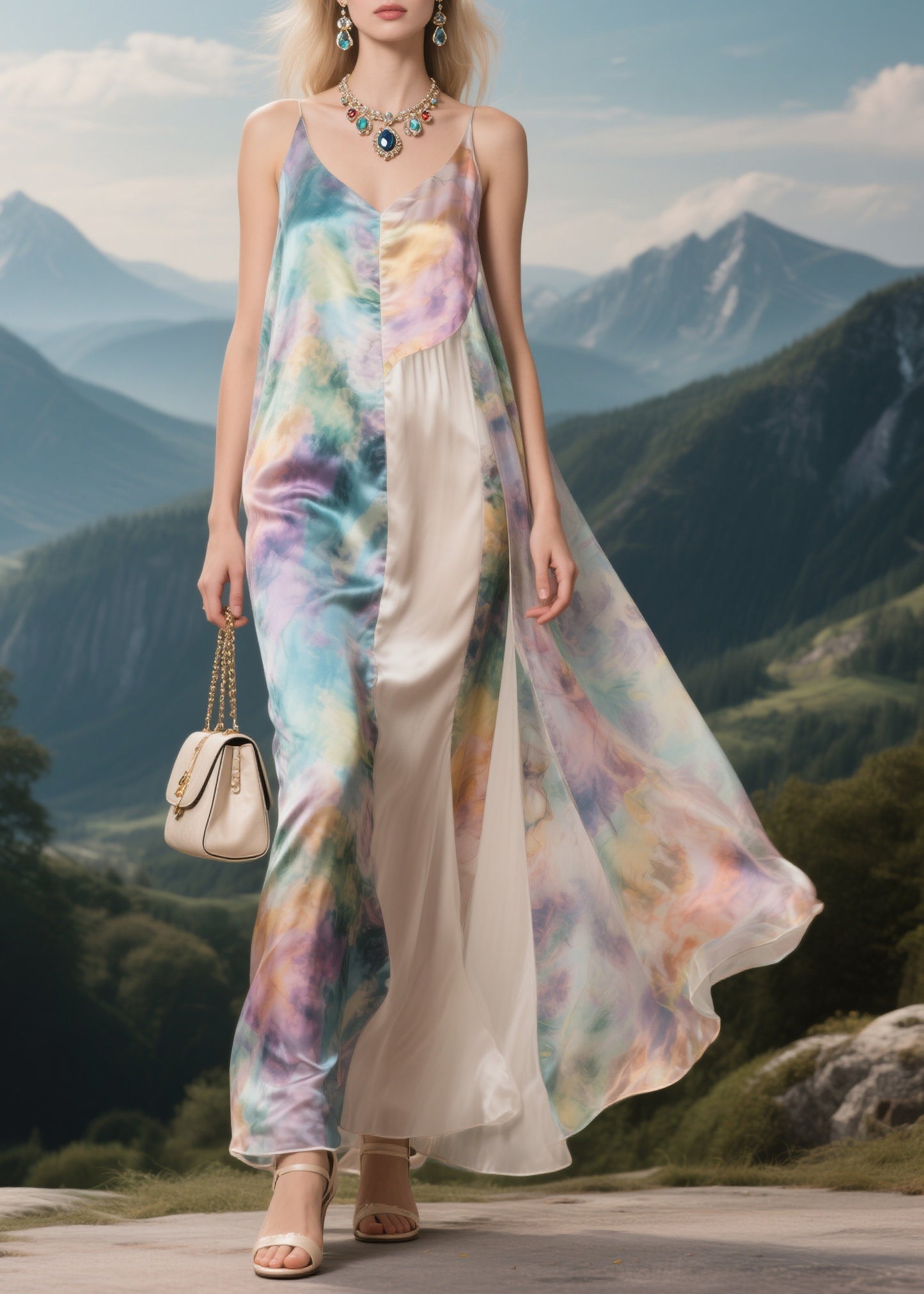 Brief V Neck Patchwork Silk Maxi Spaghetti Strap Dresses Summer