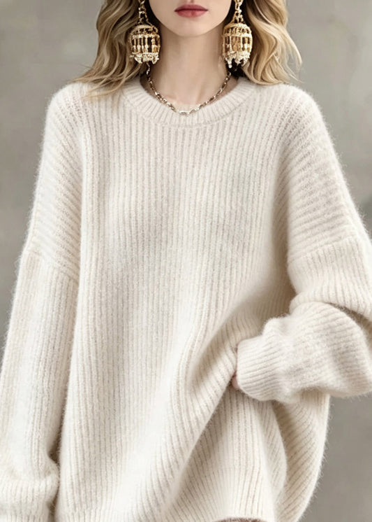 Brief White Patchwork Cozy Cotton Knit Sweaters Lantern Sleeve