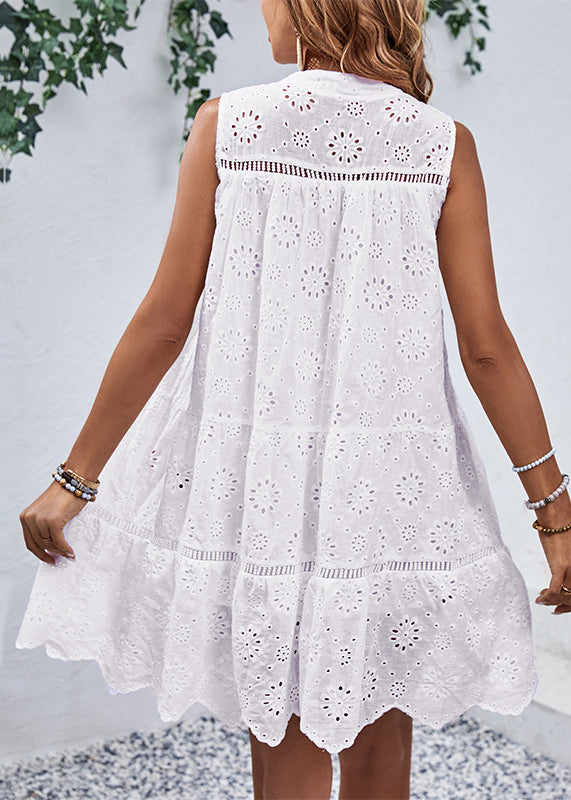 Brief White Stand Collar Hollow Out Mid Dress Summer