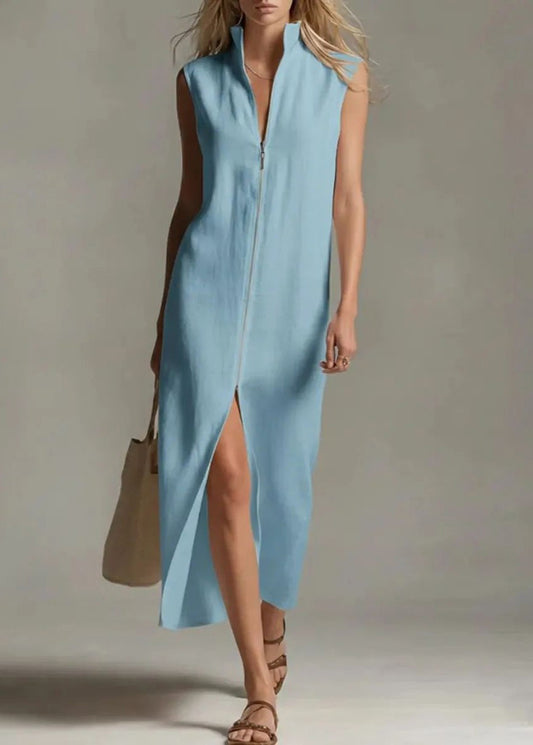 Brief White Stand Collar Zippered Patchwork Solid Long Dress Sleeveless