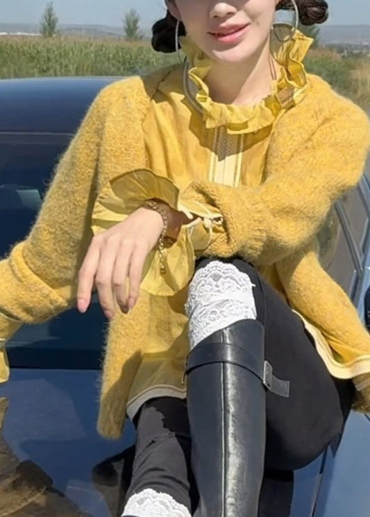 Brief Yellow O-Neck Button Cotton Knit Cardigan Spring