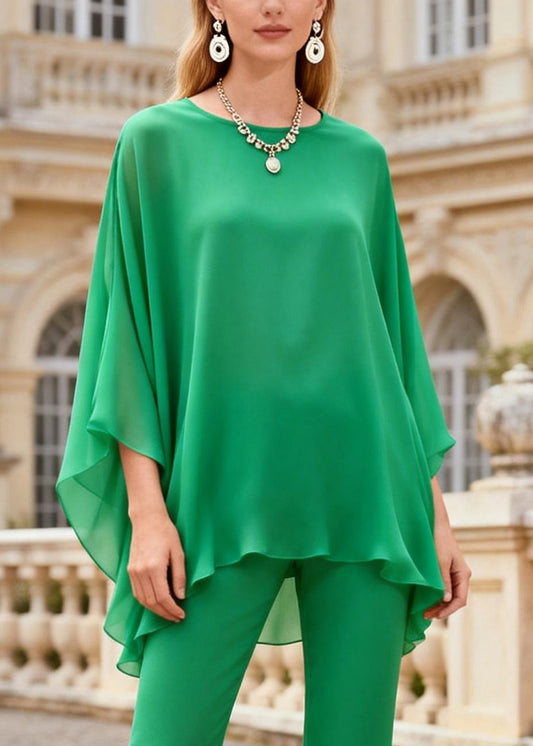 Bright Green Solid Tops And Wrinkled Bell Bottom Trousers Two Piece Set O Neck Spring