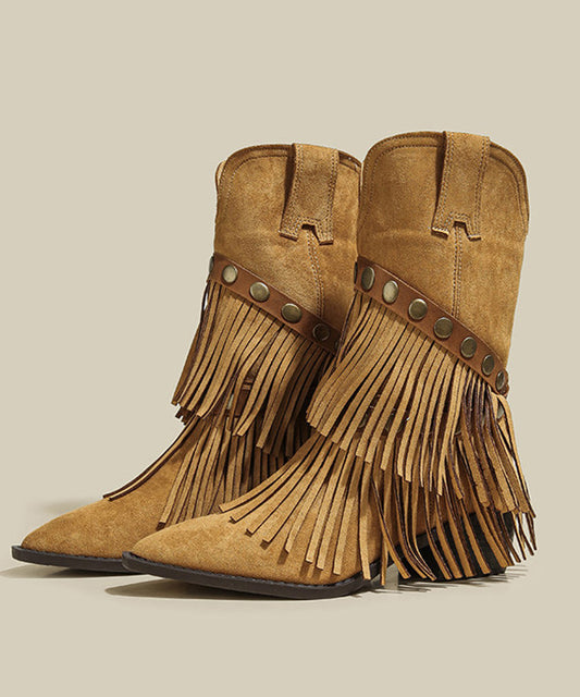 Brown Boots Chunky Suede Comfy Splicing Tassel Pointed Toe
