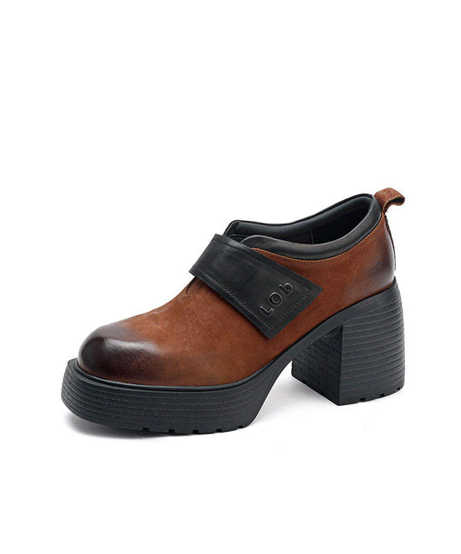 Brown Chunky High Heels Cowhide Leather Elegant Splicing
