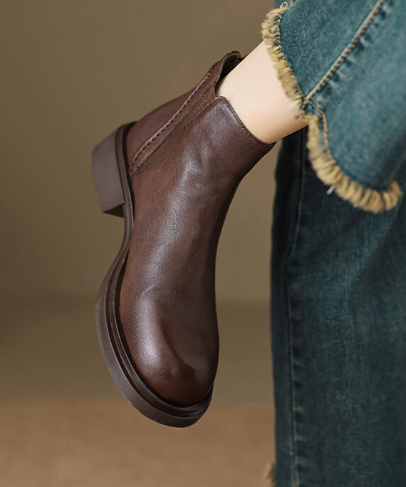 Brown Cowhide Leather Classy Zippered Splicing Boots