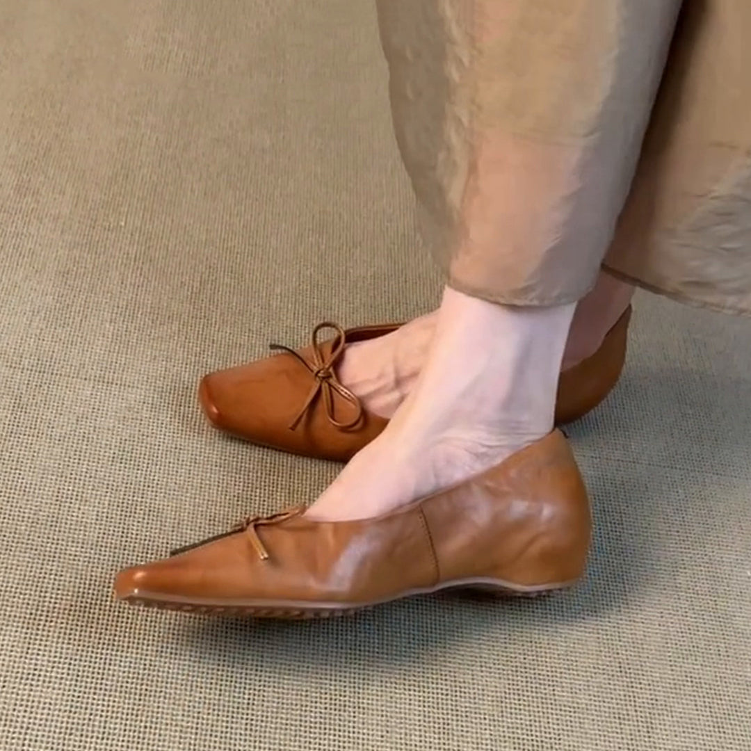Brown Cowhide Leather Wedge Heels Shoes Splicing Bow