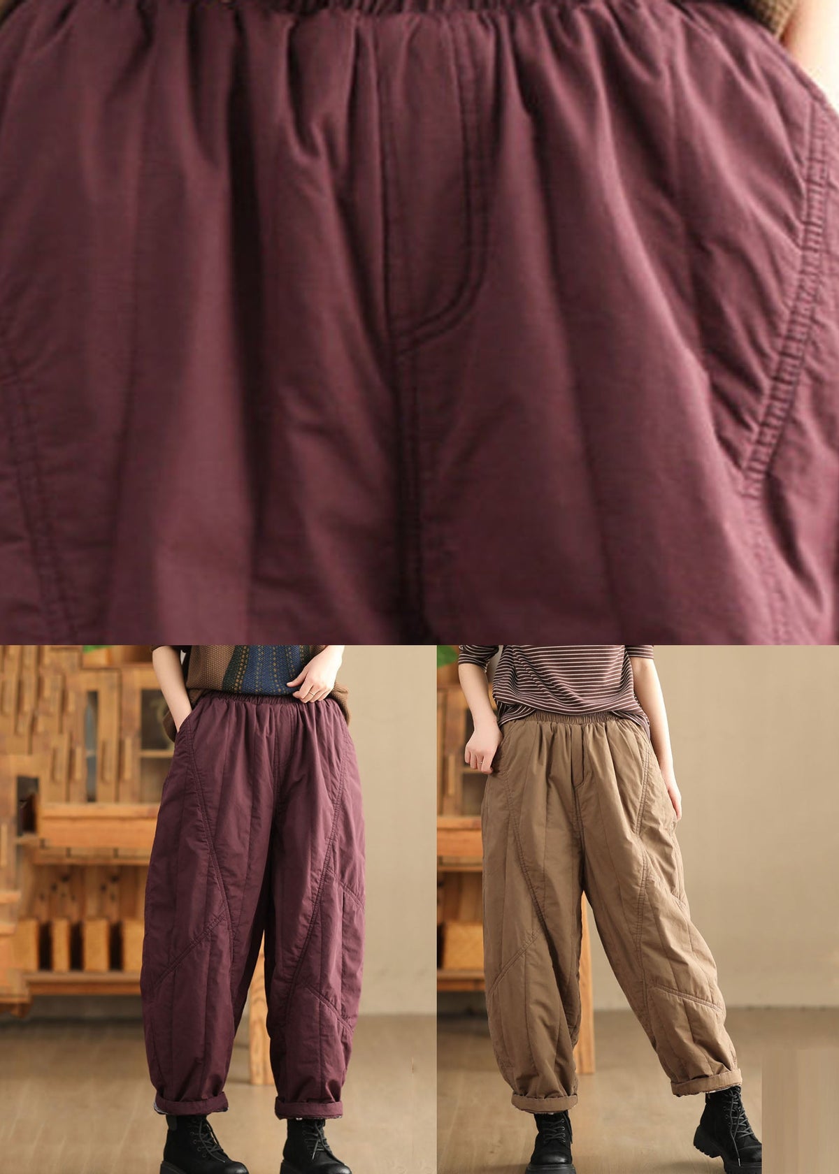 Brown Elastic Waist Patchwork Fleece Harem Pants