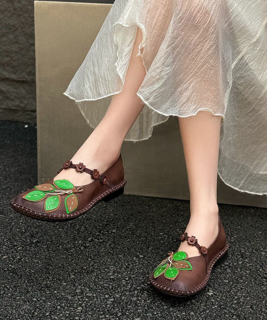 Brown Flats Cowhide Leather Fine Leaf Appliques Flats