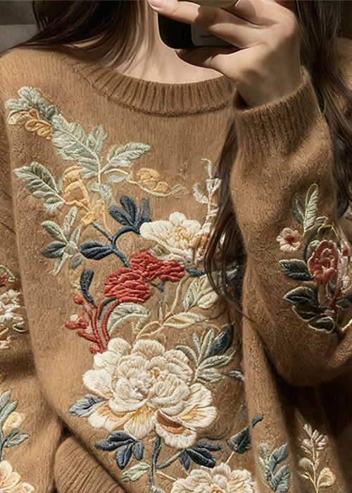 Brown Floral Cozy Knit Knit Sweaters O Neck Spring
