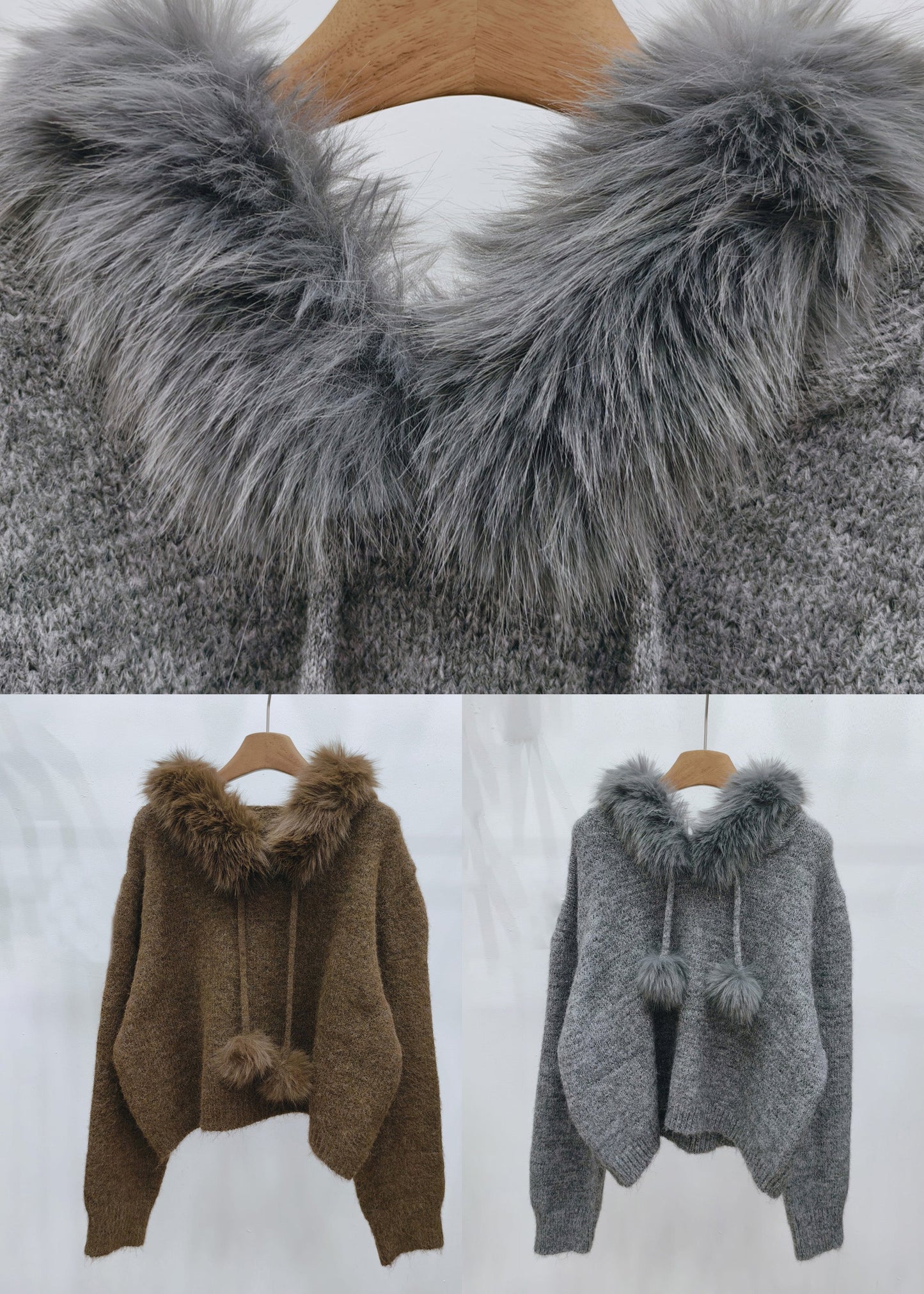 Brown Fur Collar Cozy Hooded Cotton Knit Pullover Winter