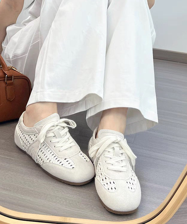 Brown Hollow Out Lace Up Splicing Flat Shoes For Women
