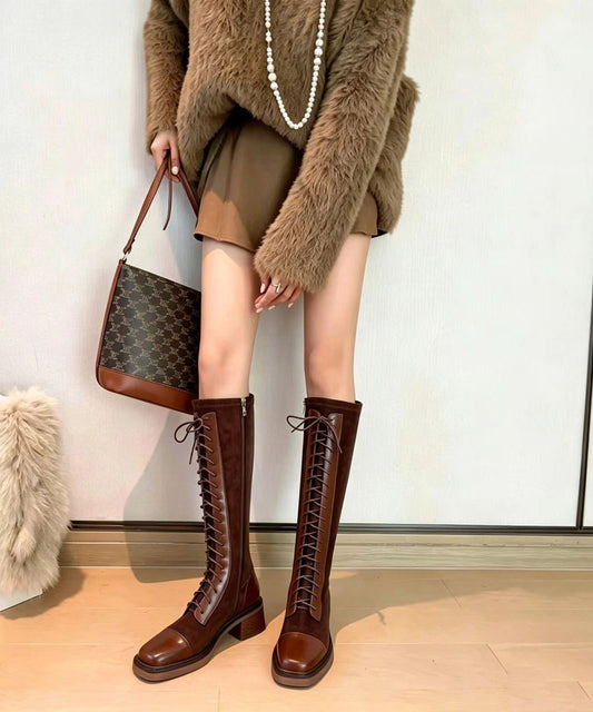 Brown Lace Up Splicing Chunky Cowhide Leather Knee Boots