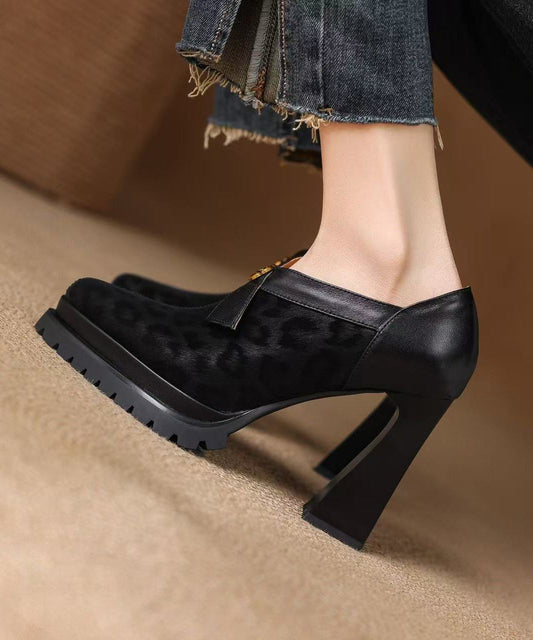 Brown Leopard Pointed Toe Platform Side Zipper Chunky High Heels