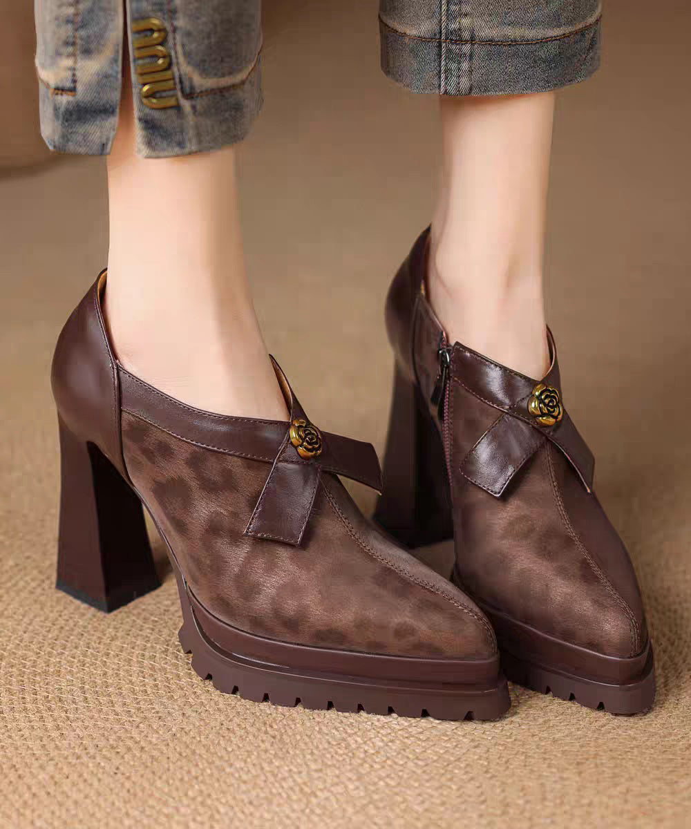 Brown Leopard Pointed Toe Platform Side Zipper Chunky High Heels