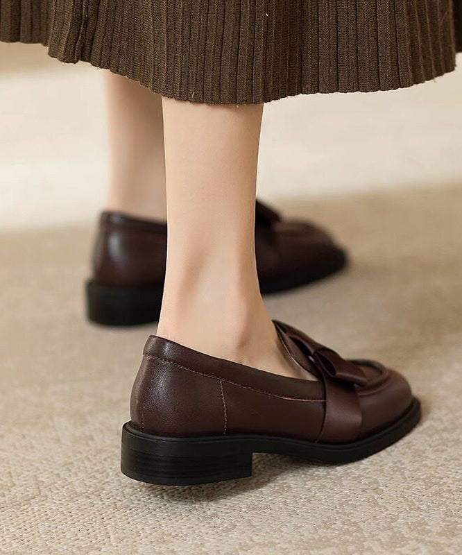 Brown Loafers Cowhide Leather Comfortable Splicing Bow