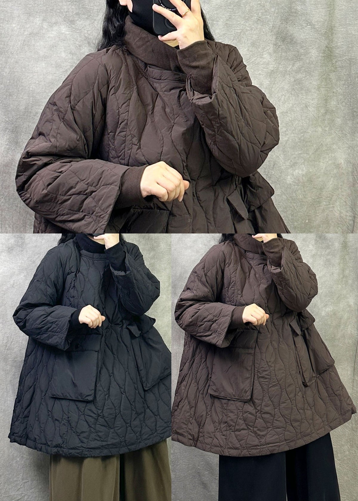 Brown Loose Duck Down Filled A Line Pullover Coats Oversized Pockets Winter